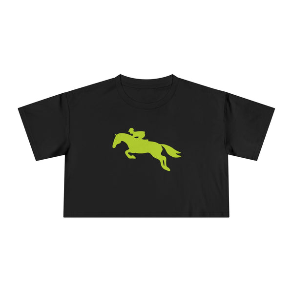 Black cropped t-shirt with bright green hunter jumper horse and rider graphic, made of soft breathable cotton for equestrian style and comfort.