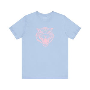 pastel blue aesthetic t shirt with jumbo pink roaring tiger head graphic