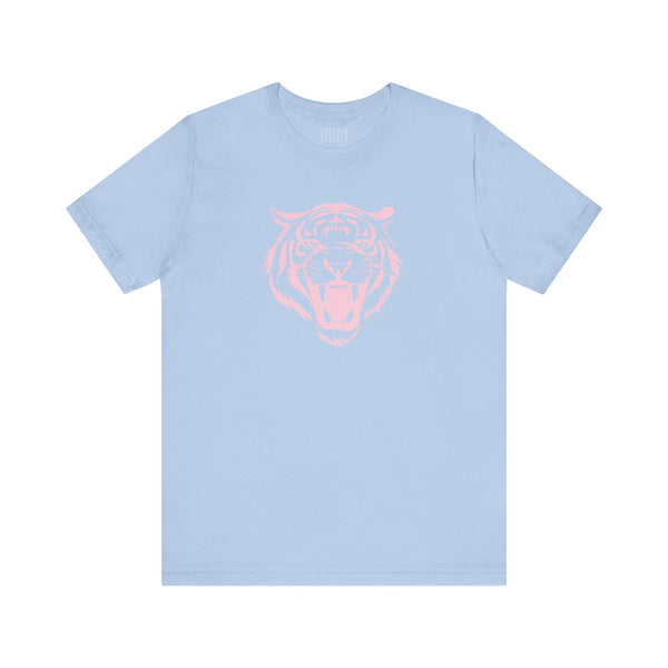 pastel blue aesthetic t shirt with jumbo pink roaring tiger head graphic