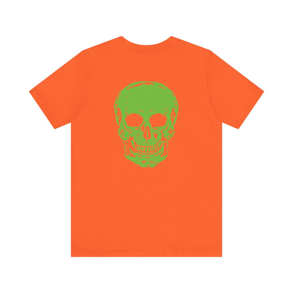 Green Jumbo Skull Back Print with Green Mini Skull Left Front Graphic Tee - Fugitive by Sandra Oles