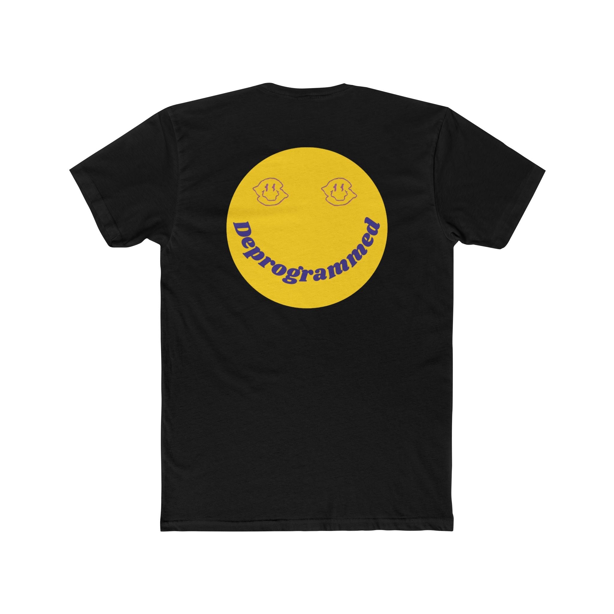 Black crew neck t-shirt with 1990's rave style yellow retro smily face and "Deprogrammed" text on back print