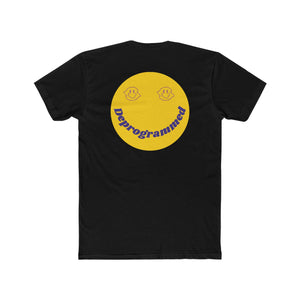 Black crew neck t-shirt with 1990's rave style yellow retro smily face and "Deprogrammed" text on back print