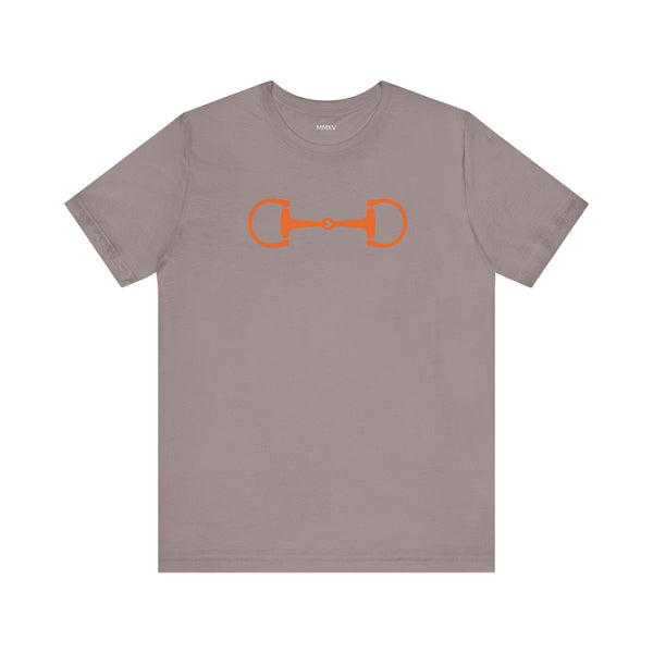 Gray graphic tee with bold orange horsebit design, heritage equestrian streetwear style, soft breathable cotton.