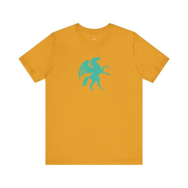 Mustard yellow t-shirt with turquoise Pegasus graphic from the Mythical Series, made of premium cotton.
