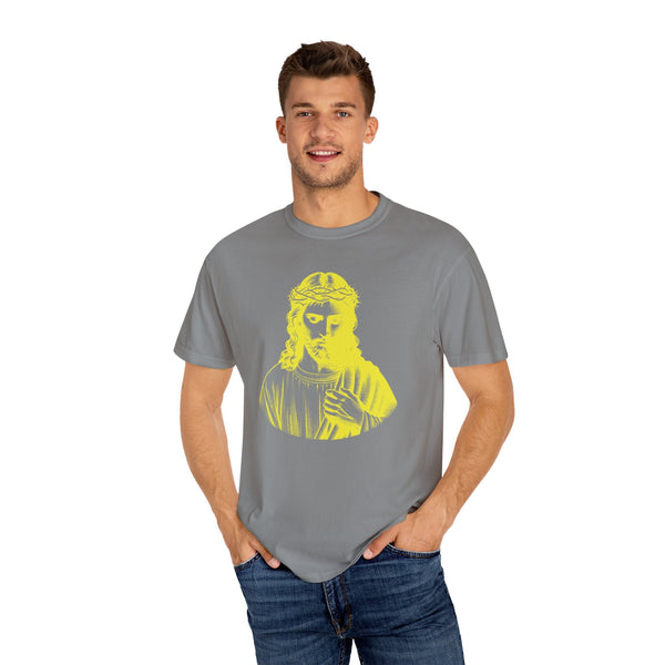 Man wearing gray religious graphic tee with yellow Jesus Crown of Thorns print