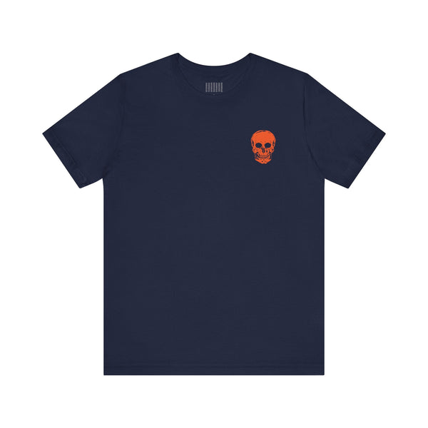 Navy blue unisex tee with small orange skull on left front and large orange skull back print cool skull shirt
