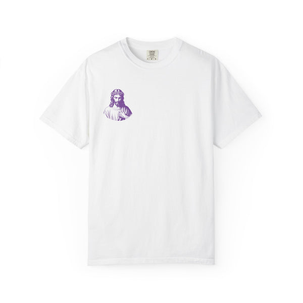 White t-shirt with small purple Jesus graphic on front left chest, soft garment-dyed fabric, streetwear style.