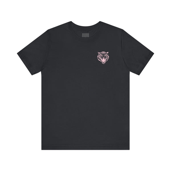 Black retro tiger t shirt with minimal pastel tiger chest graphic in vintage style unisex streetwear
