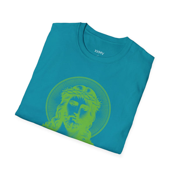 green spiritual shirt with jumbo halo Jesus front print on softstyle unisex tee