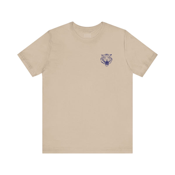 Beige retro graphic tee with navy blue mini roaring tiger head print on left front