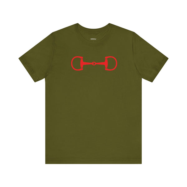 Olive green t-shirt with a bold red horsebit graphic, soft cotton, durable seams, and ribbed collar, perfect for equestrian fashion.