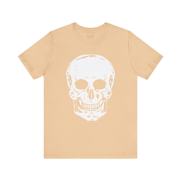 Beige t-shirt with large white skull graphic on front, classic fit design