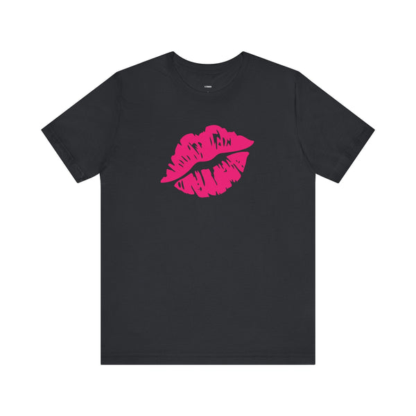 Black unisex t-shirt with neon pink lip print graphic on front, lip print design tee.