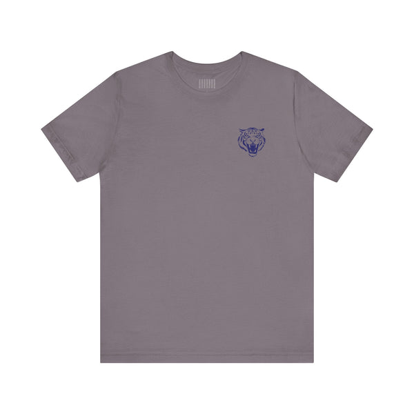 navy blue retro graphic tee with roaring tiger head left front print