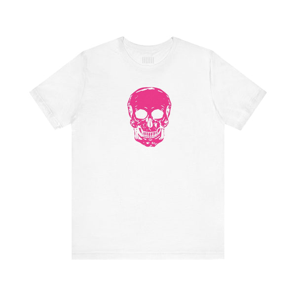 White unisex short sleeve tee with vibrant pink skull graphic on front, made from 100% combed cotton, casual style.