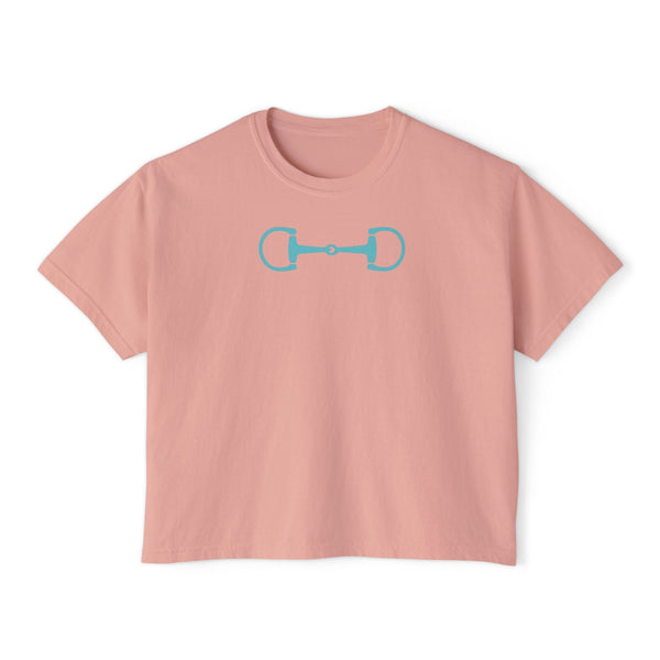 Pink boxy tee shirt with aqua horsebit graphic, modern equestrian streetwear design