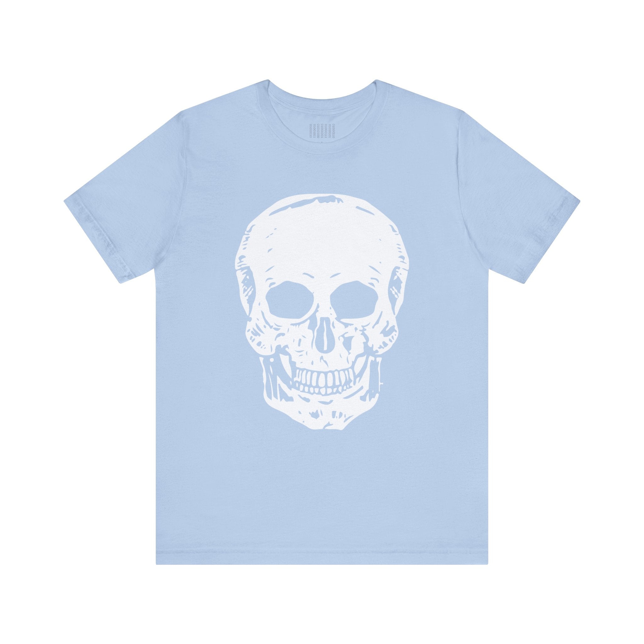 Light blue t-shirt with a large white skull graphic on the front, classic fit from the Fugitive Collection by Sandra Oles.