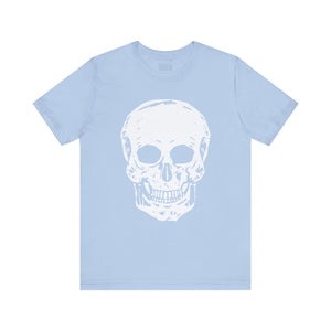 Light blue t-shirt with a large white skull graphic on the front, classic fit from the Fugitive Collection by Sandra Oles.