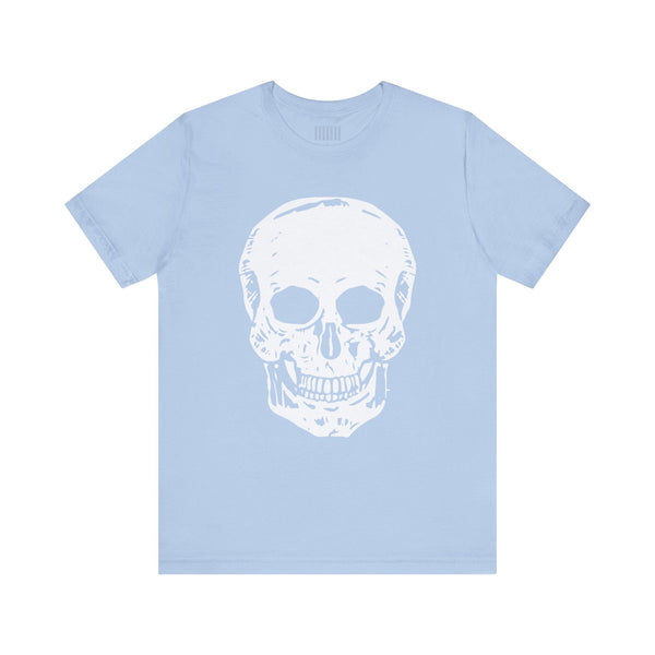 Light blue t-shirt with a large white skull graphic on the front, classic fit from the Fugitive Collection by Sandra Oles.