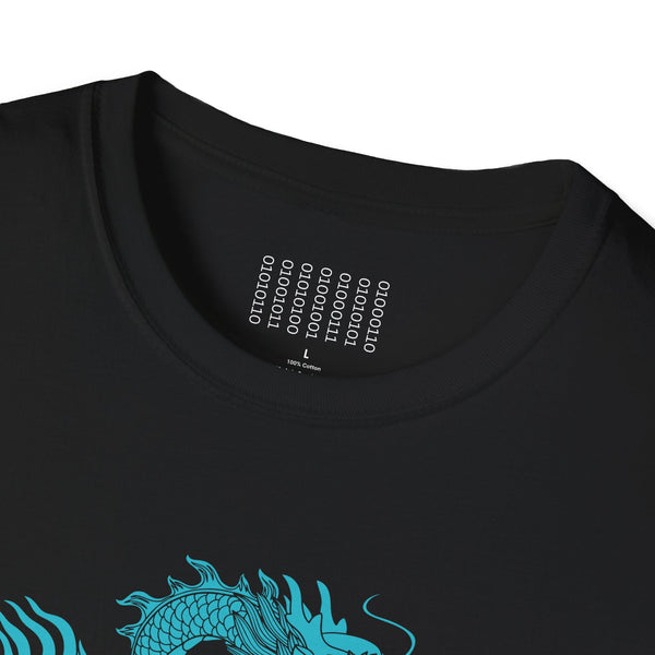 Black dragon t shirt with electric frost blue mythical serpent graphic and ribbed collar