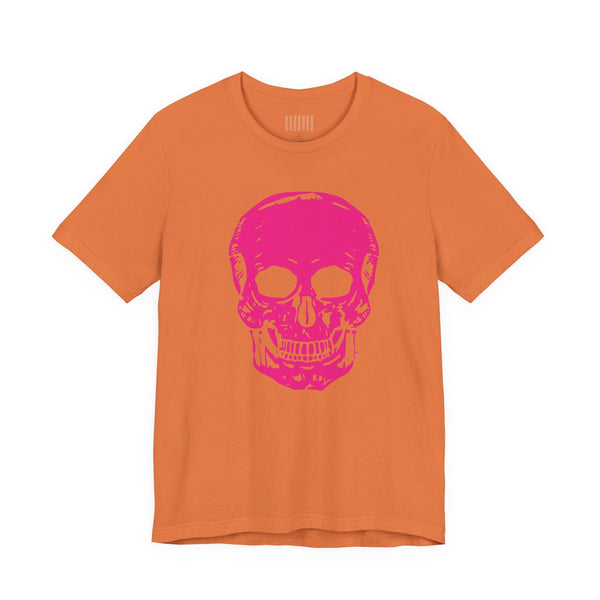 orange edgy t shirt with large neon pink skull graphic front print