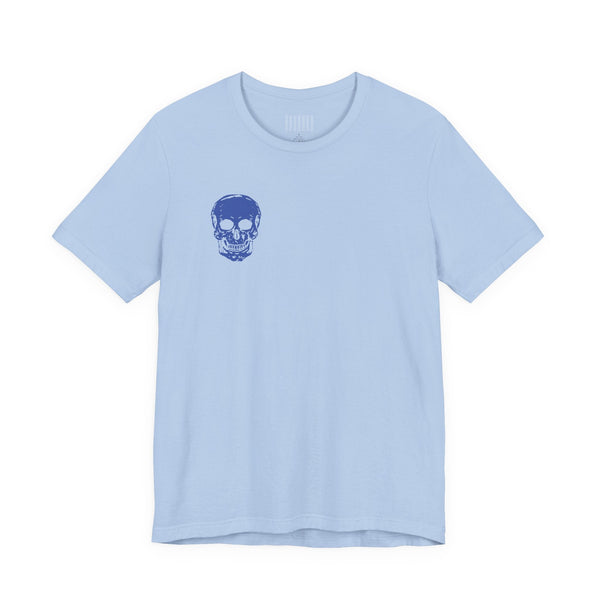 Light blue graphic tee shirts with small blue skull print on the front left chest made of soft cotton