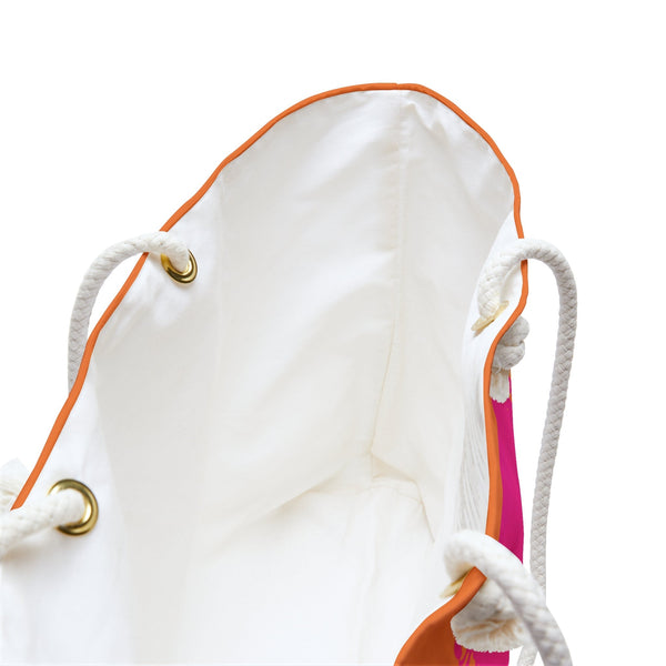 Empty orange weekender skull bag with white interior and durable cotton rope handles