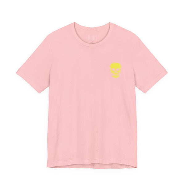 Pink underground style t-shirt with mini yellow skull chest print and jumbo back graphic