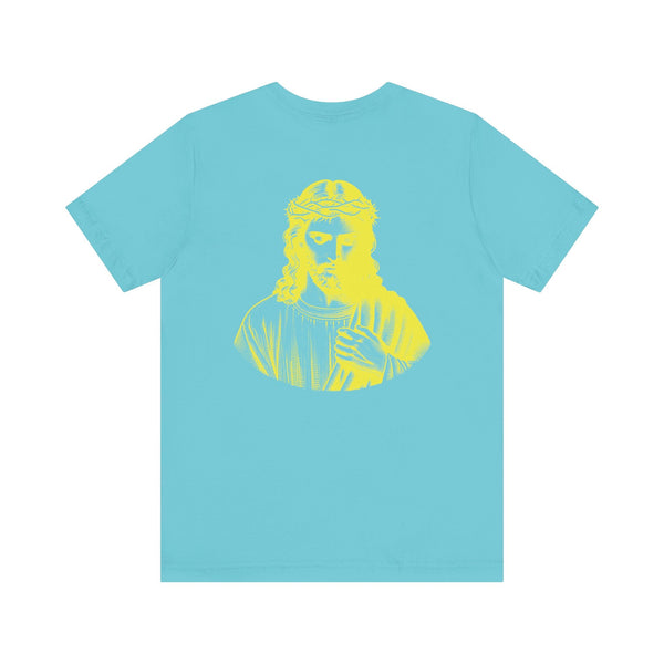 Yellow t-shirt with jumbo yellow Jesus graphic on back and mini Jesus print on front left, Christian streetwear style by Sandra Oles