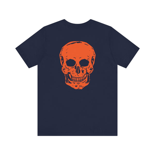 Orange Jumbo Skull Back Print featuring a Mini Orange Skull left Front Graphic Tee