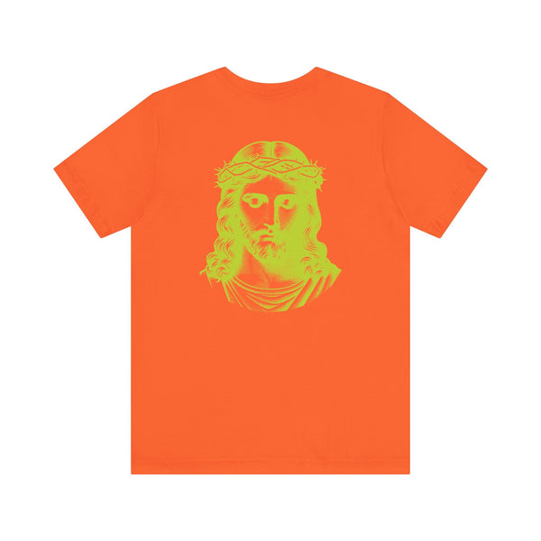 Orange unisex t-shirt with lime green jumbo Jesus portrait print on the back and a small lime green Jesus graphic on the front left side.