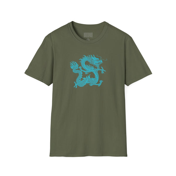 olive green dragon t shirt with turquoise dragon graphic design front