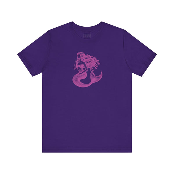 Unisex magenta mermaid graphic t-shirt with mythical siren design on purple fabric mermaid t shirt