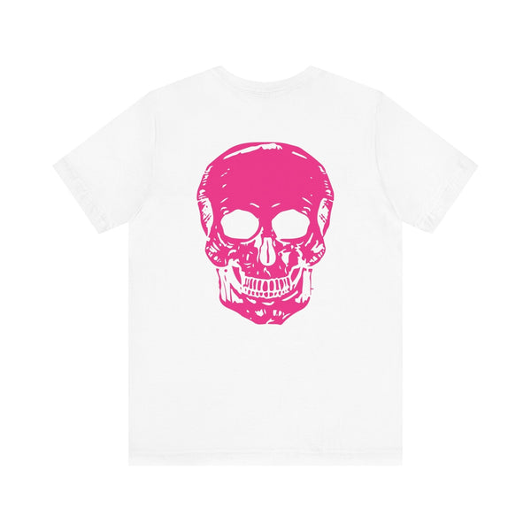 White punk rock t-shirt with bold pink skull graphic on the back