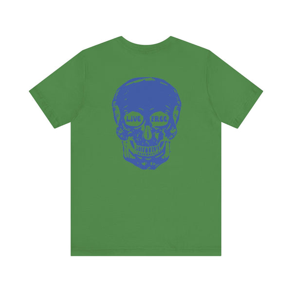 Green streetwear t-shirt with a jumbo blue skull back print featuring "Live Free" in the eye sockets.