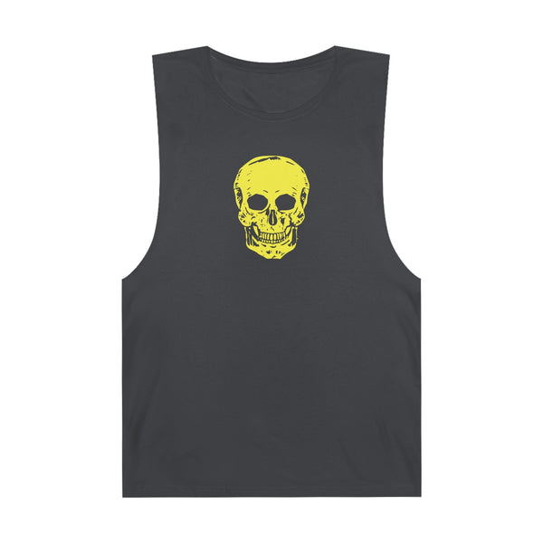 Festival style black tank top with bold yellow skull graphic on front for streetwear