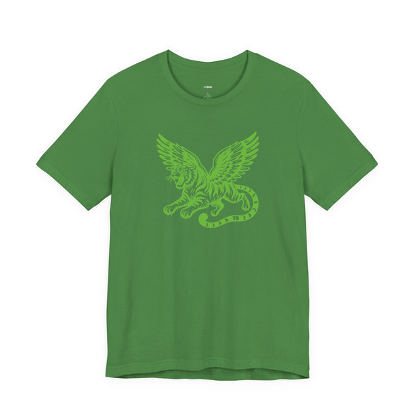 Green Winged Tiger T-shirt with neon graphic of a winged tiger symbolizing courage and freedom on premium cotton fabric