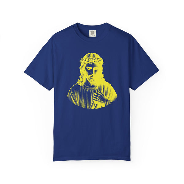 Blue tee with yellow Jesus Crown of Thorns religious graphic print