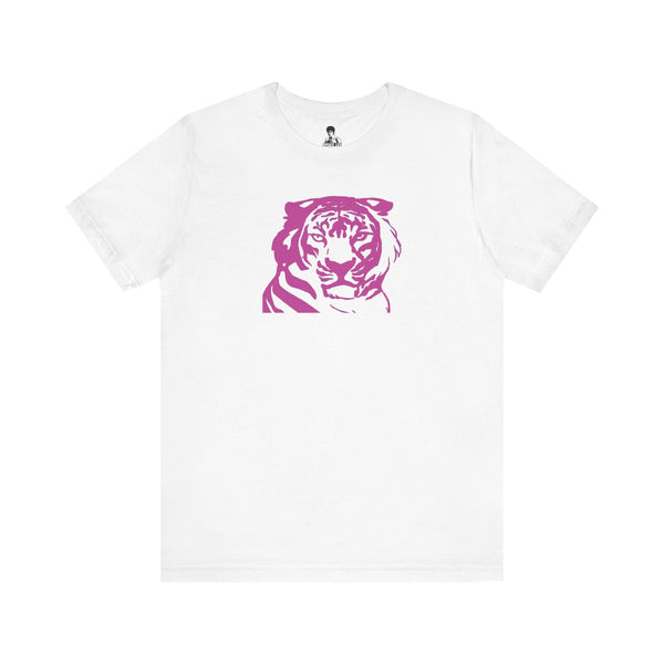 White 70s style retro tee with bold pink tiger graphic on front