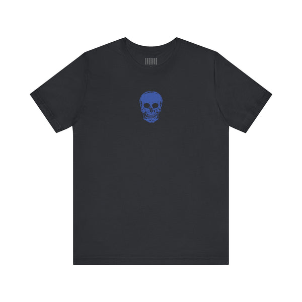 Black graphic t shirt with small blue skull design on chest by Fugitive