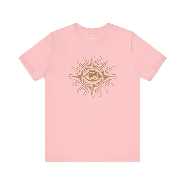 Pink unisex tee shirt with gold third eye graphic and radiant rays design on front