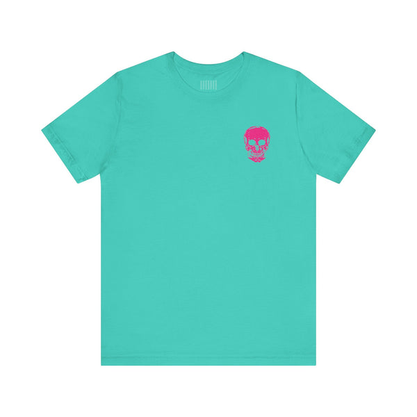 turquoise punk rock tee with small hot pink skull print on front chest