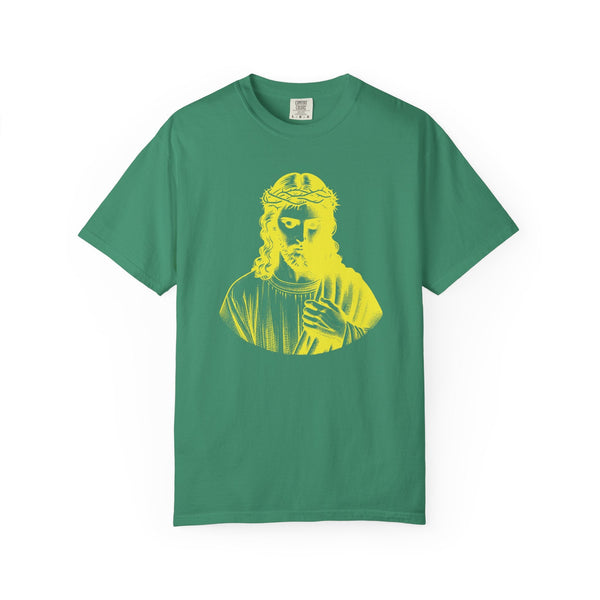Green tee with a yellow Jesus Crown of Thorns religious graphic print, unisex garment-dyed cotton shirt.