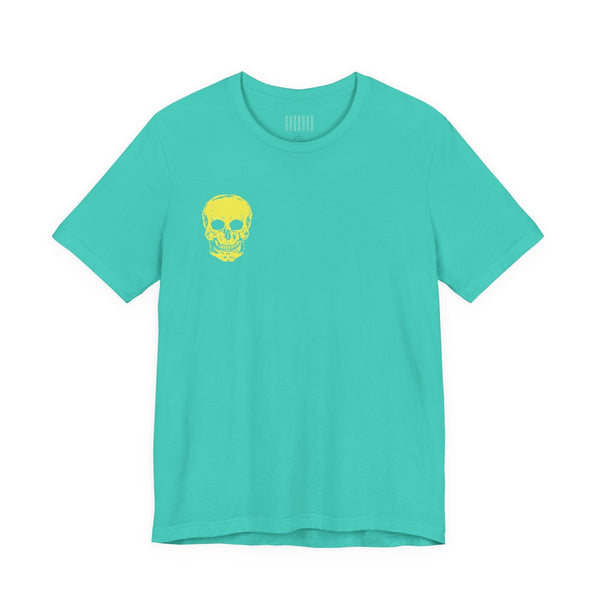 Teal underground style tee with small yellow skull print front and jumbo back graphic, made from 100% Airlume cotton.