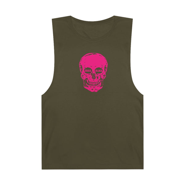 Olive muscle tee with midscale bright subculture pink skull graphic and sleeveless raw edges design