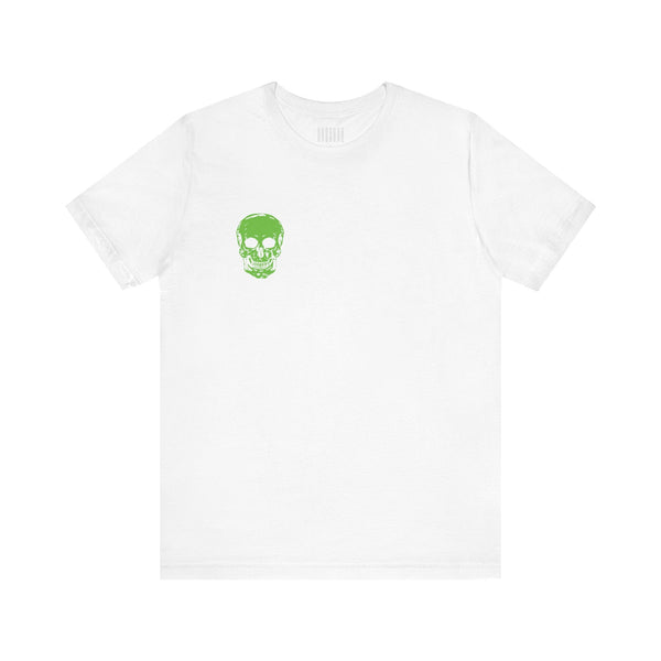 Green Jumbo Skull Back Print with Green Mini Skull Left Front Graphic Tee - Fugitive by Sandra Oles