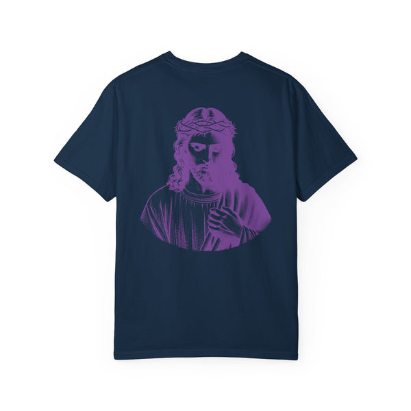 Purple Jumbo Jesus Back Print Tee with Purple Mini Jesus Front Left Graphic Tee - Iconic by Sandra Oles