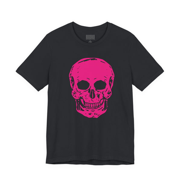 Black t-shirt with bold neon pink skull graphic front print edgy t shirt