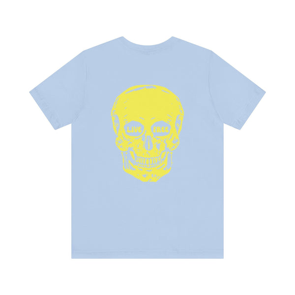 Light blue indie style tee with jumbo yellow skull back print and "LIVE FREE" lettering in the eyes