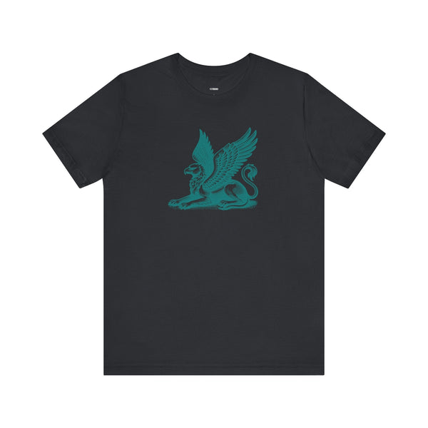 Black t shirt featuring a bold green gryphon graphic combining lion and eagle elements for mythical style.